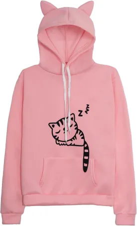 RGOSME Women Teen Girls Cat Hoodie Sweatshirt Cute Cat Ear Sleeping Cat Printed Pullover Sweatshirt