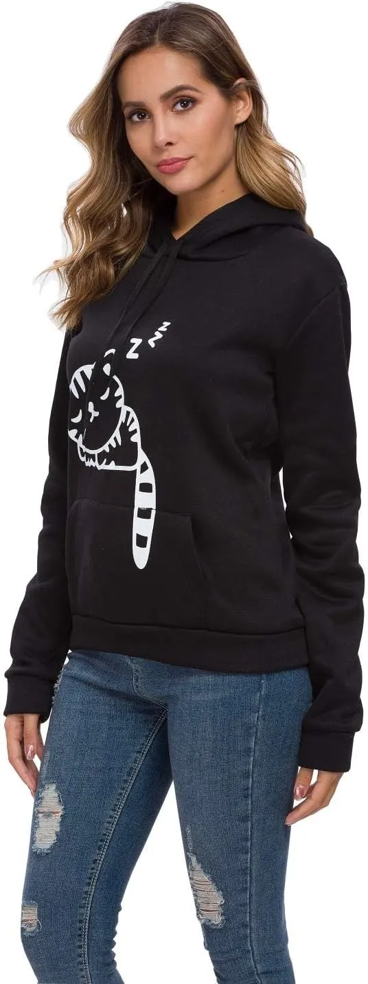 RGOSME Women Teen Girls Cat Hoodie Sweatshirt Cute Cat Ear Sleeping Cat Printed Pullover Sweatshirt