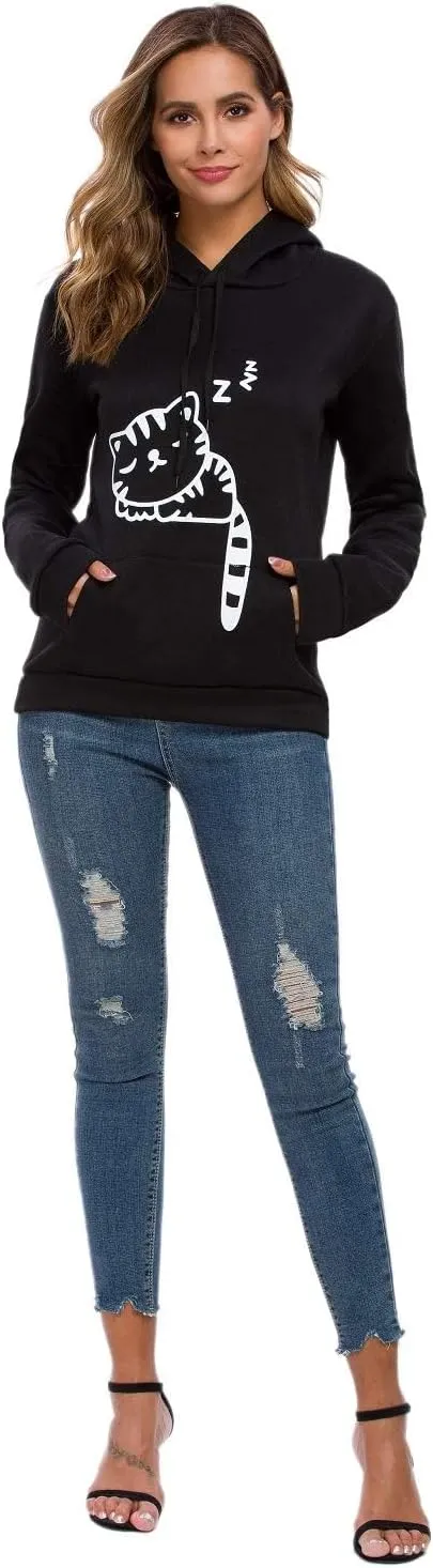 RGOSME Women Teen Girls Cat Hoodie Sweatshirt Cute Cat Ear Sleeping Cat Printed Pullover Sweatshirt