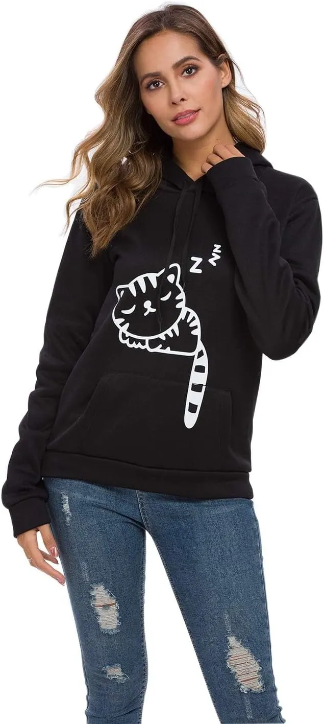 RGOSME Women Teen Girls Cat Hoodie Sweatshirt Cute Cat Ear Sleeping Cat Printed Pullover Sweatshirt