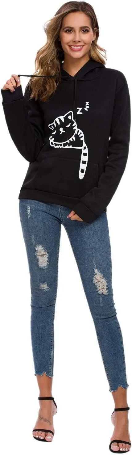 RGOSME Women Teen Girls Cat Hoodie Sweatshirt Cute Cat Ear Sleeping Cat Printed Pullover Sweatshirt