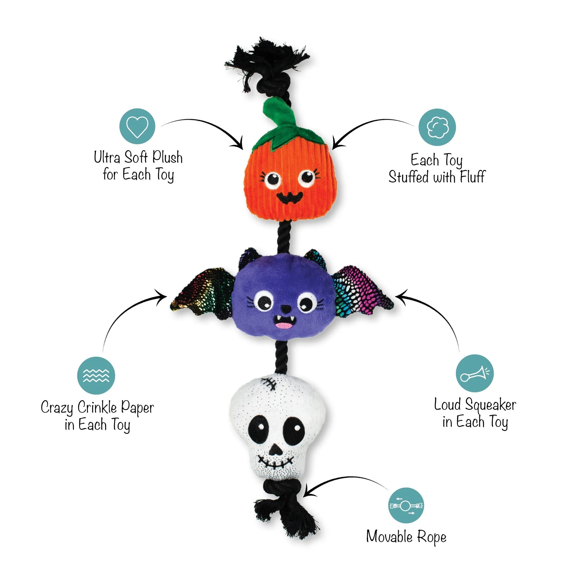 skull bat pumpkin rope dog toy