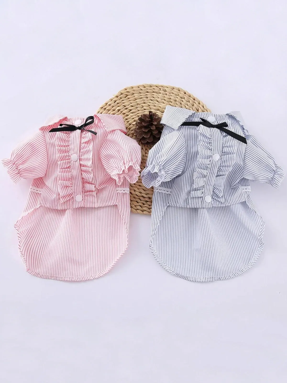 Striped Summer Pet Dress with Ruffles and Bowknot