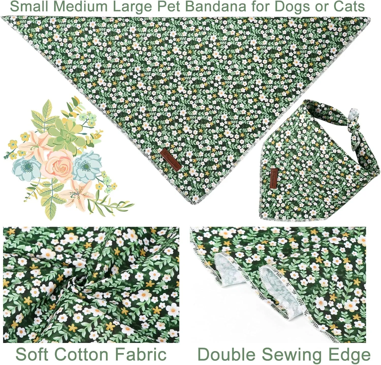 Summer Dog Bandana,Cute Pet Bandana with Flower Pattern,Adjustable Green Puppy Dog Bibs,Washable Triangle Dog Scarf for Boy,Girl Dogs or Cats
