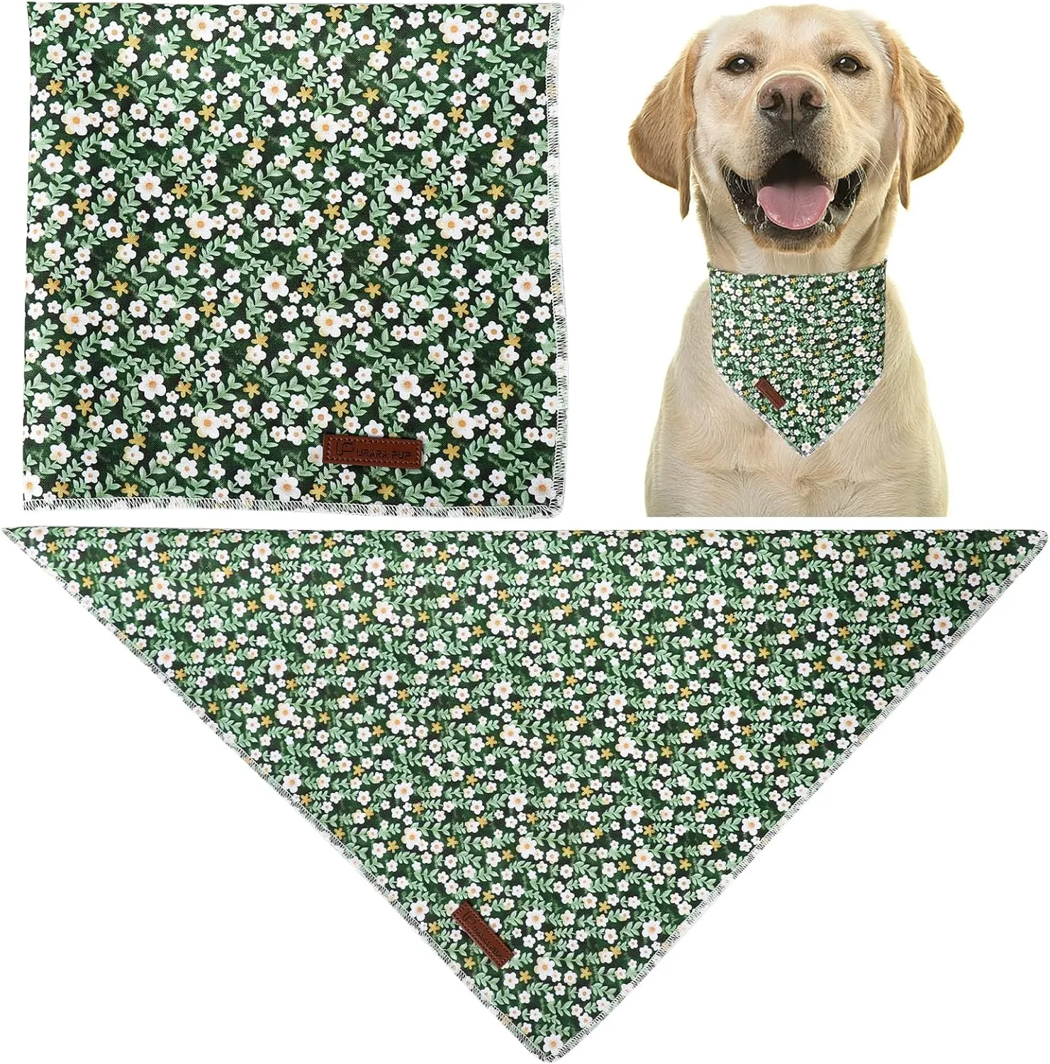 Summer Dog Bandana,Cute Pet Bandana with Flower Pattern,Adjustable Green Puppy Dog Bibs,Washable Triangle Dog Scarf for Boy,Girl Dogs or Cats