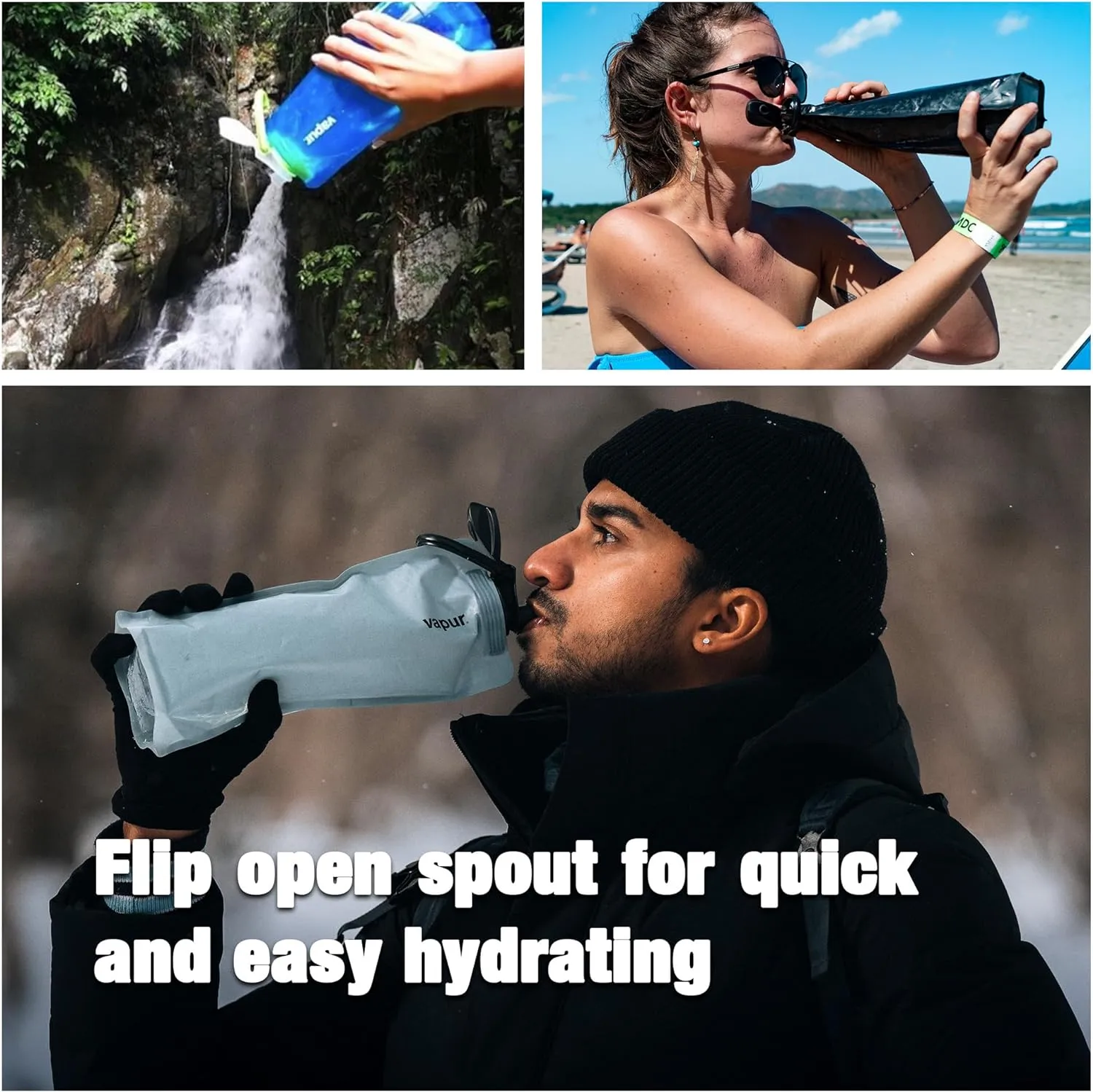 Vapur Collapsible Water Bottle With Carabiner, Compact Bottle Folds Flat For Hydration On The Go, Ideal for Traveling, Hiking or Camping, 23 Ounce, Black, Pack of 1