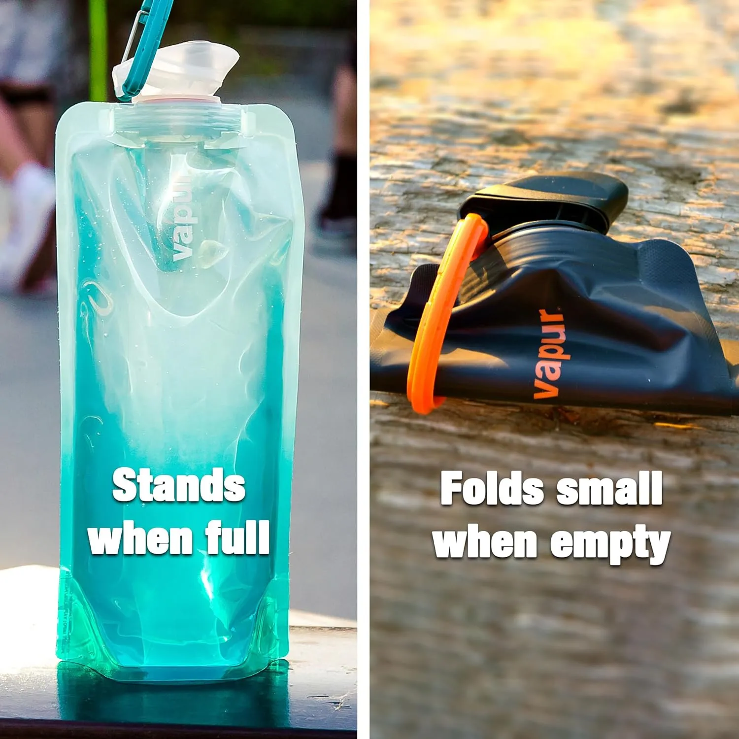 Vapur Collapsible Water Bottle With Carabiner, Compact Bottle Folds Flat For Hydration On The Go, Ideal for Traveling, Hiking or Camping, 23 Ounce, Blackout, Pack of 1